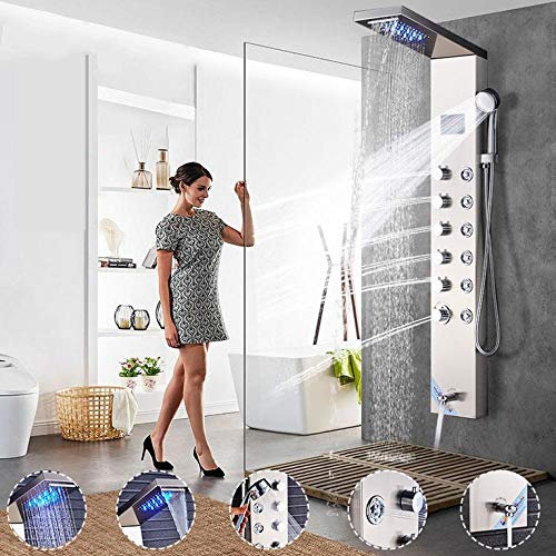 Robinet de Douche à LED avec pommeau de Douche Effet Pluie et Cascade, Cinq poignées, 6 Jets Spa, mitigeur, Bec de Baignoire, Salle de Bain, Douche, Nickel brossé