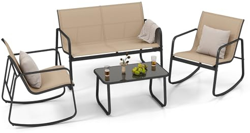 COSTWAY 4-tlg. Gartenmöbel Set, Terrassenmöbel mit sanfter Schaukelbewegung, Sitzgruppe, Sitzgarnitur für 4 Personen, Gartengarnitur inkl. 2 Stühlen, Bank & Tisch, für Garten, Terrasse, Balkon (Braun)