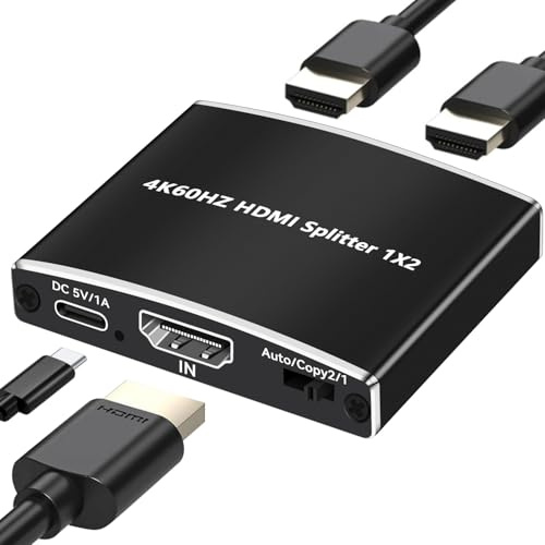 HDMI Splitter 1 in 2 Out, 4K@60Hz HDCP2.2 HDR 10+ 18.5 Gbps 3D UHD Dolby Vision Atmos Scaler 4K 1080P Dual Monitors HDMI 2.0 Splitter 1 in2 out for PS5,SkyQ,Fire Stick, BluRay, Projector-black