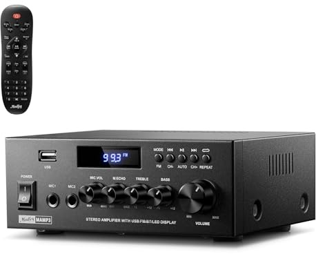 Moukey Amplifier Home Audio, 2.0 Channel Stereo Receivers with Bluetooth 5.3, Full Function Remote, FM, RCA, USB, 2 Mic in, 300W Peak Power, for Karaoke, Garage, Home Theater, MAMP3