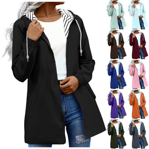 Waterproof Jacket Lightweight for Women Windbreaker Coat Long Sleeve Full Zip Raincoat Ladies Jackets Windbreaker with Hood Casual Rain Coat for Hiking Walking Cycling Outwear