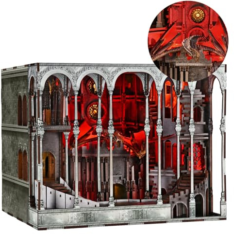 MiniCity Glutburg Book Nook Kit, 3D-Holzpuzzle und Bücherregal-Deko | DIY-Modell mit 596 Teilen und 18 × 23 × 18 cm; LED, Staubschutz, Kleber und Werkzeug, Aufbau 10–12 Std., ab 14 Jahren.