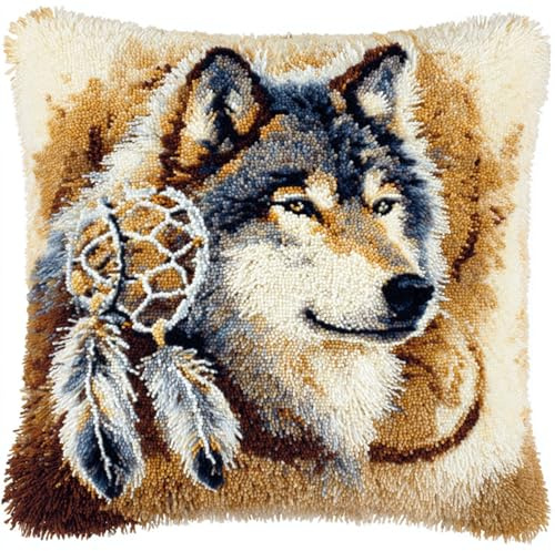 AxiangziK DIY Latch Hook Pillow Kit,Animal Wolf,Stamped Pillow Latch Hook Beginners Adults Teenager Embroidery Home Decoration Cross Stitch Kit,17x17in