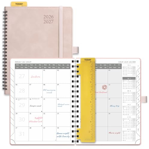 POPRUN Agenda Månadskalender 2026 2027, Juli'26 - Dec'27, 18 Månader 22 x 16,5 cm, 2 Sidor per Månad, Skolkalender, Mjuk Spiralbindning, Linjal, Papper 100 gsm,Rosa