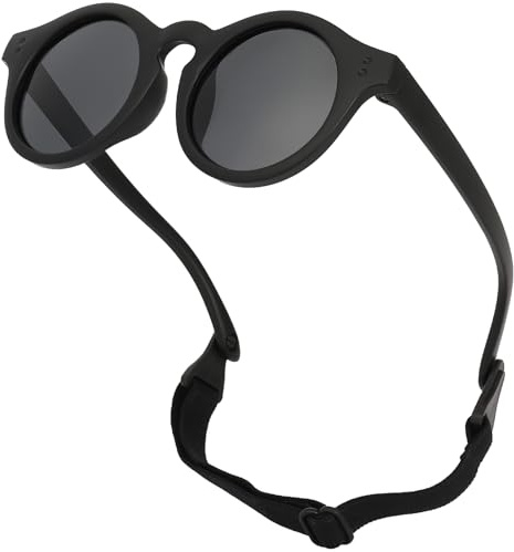 LOJUDI Polarisierte Baby Sonnenbrille 0-36 Monate - mit Band Verstellbar Silikon Rund Rahmen UV Schutz für KleinKinder 0-3 Jahre - Schwarz/Schwarz