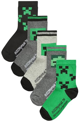 NEXT Garçon Chaussettes en coton majoritaire avec personnage sous licence, 5 paires Minecraft Creeper 26.5-30.5