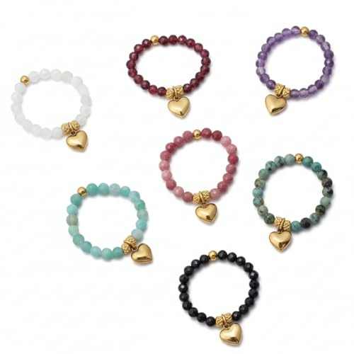 Edelstein Ring Perlenring Herz-Anhänger Gold Elastisch 65mm Naturstein Damenring Bunt Rosenquarz Amethyst Türkis Onyx Schmuck Geschenk Frauen Hochwertiger Edelstahl Ring mit Anhänger