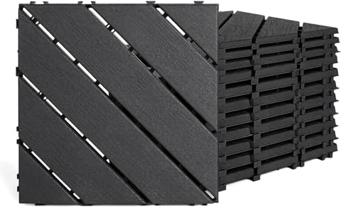 Nicoman Lot de 12 dalles de terrasse en PVC avec système à clic - 30 x 30 cm - Imperméables et antidérapants - Surface aspect pierre - Revêtement de sol pour balcon, terrasse, jardin et piscine (noir