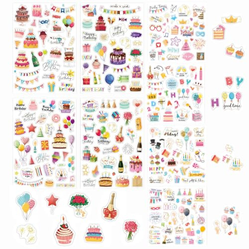 8 Blätter Sticker Geburtstag Gästebuch, Happy Birthday Sticker, Aesthetic Party Aufkleber, Dekorative Wasserdicht Vinyl Aufkleber, DIY Deko für Fotoalbum Scrapbook Journal Geburtstagskarten