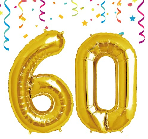 FUNXGO® Folienballon Zahl 60 Gold - Riesenzahl Ballon ca.100 cm - fliegt mit Helium - 60 geburtstag luftballon - Deko zum Geburtstage, Party, Hochzeiten - Ballon 60 Gold