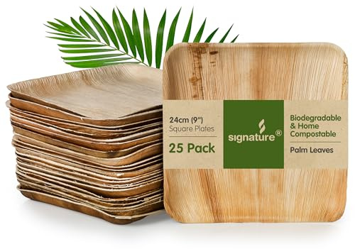 Signature Packaging Disposable Palm Leaf Plates, Sturdy Eco-Friendly Biodegradable Compostable Plates for Hot Food, Weddings, Picnics, Parties and Outdoor Events - 9, (25 Pack) Square