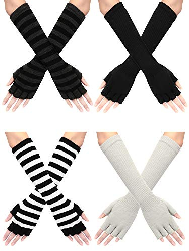 SATINIOR 4 Pair Gloves Women Fingerless Winter Long Fingerless Elbow Length Stretchy Gloves Warmer with Thumb Hole(11.8 Inch,Black, Light Grey, Black White Stripe, Black Dark Grey Stripe)