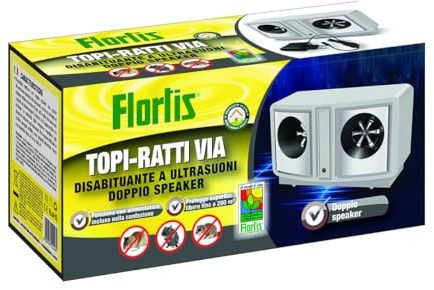 Flortis Topi Ratti Via. Disabituante ultrasuoni Doppio Speaker. Deterrente Topi, ratti, ghiri. Ultrasuoni Topi Elettrico con Alimentatore. Dissuasore Uso Interno, casa, Camper. Anti Topi.
