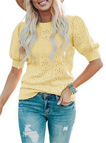 Saodimallsu Femmes Été Mignon Lanterne Courte Manches Ras Du Cou Dot Décontracté Pull En Tricot Chandails Chemisier Bleu