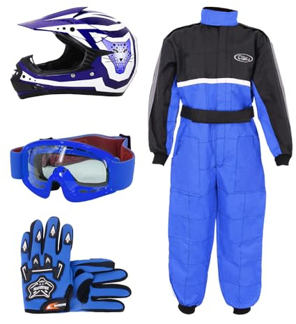 Zorax ZOR-X17 Youth Motocross Helmet & Gloves & Goggles & Motocross Suit | Helmet Blue L (53-54cm) - Gloves L(7cm) - Suit L(9-10 Years) Children Dirt Bike Off Road Motorbike Helmet ECE 2206