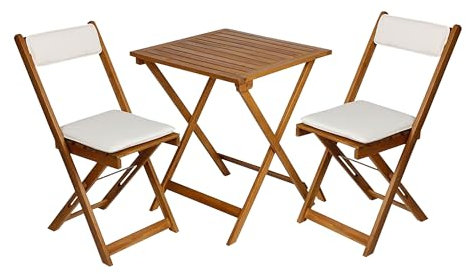Spetebo Holz Sitzgruppe aus Akazie mit Stuhl Kissen - 2X Klappstuhl + Klapptisch - Holz Balkon Möbel Set Bistrotisch Bistrostuhl