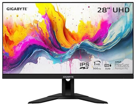 Gigabyte Monitor da gioco M28U da 28 144Hz, display IPS 3840 x 2160 SS, tempo di risposta 2ms (MPRT), DCI-P3 al 9,4%, display VESA HDR400, FreeSync Premium Pro, 1 porta display 1.4, 2 HDMI 2.1