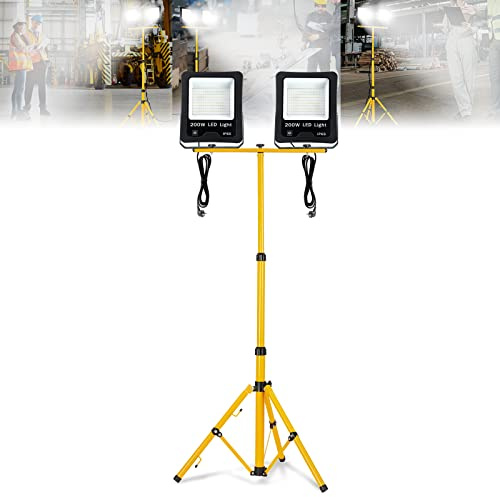 ACXIN 2 Stück LED Fluter Flutlicht, Außen Flutlicht, LED Baustrahler Arbeitsleuchte, Scheinwerfer, Außenstrahler+ Gelb Stativ, IP66 wasserdicht, 200W, Kaltweiß