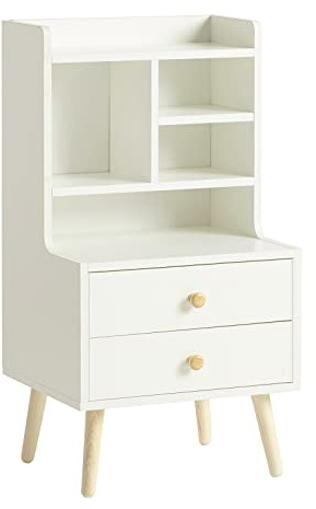 SoBuy Nachttisch mit Schubladen & offenen Regalen, Weiß | Moderner Nachtschrank mit Kiefernholzbeinen, viel Stauraum für Schlafzimmer, FBT100-W