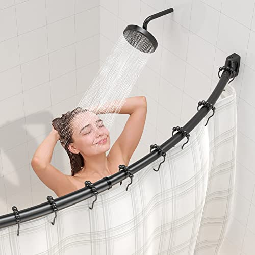 Duschdraperistång i rostfritt stål 304 med 18 ringar i rostfritt stål och teleskopdesign, justerbar 140–200 cm, för badkar och badrum och borrning, svart