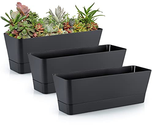Skelang 3 vasi rettangolari per piante grasse, con fori di drenaggio, fioriera per finestra a golfo, davanzale della cucina, mensola, tavolino da caffè (nero)