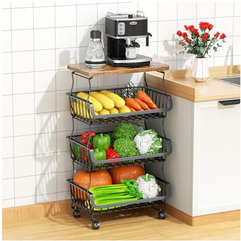 Gsiekare Panier à fruits et légumes pour cuisine, 4 niveaux empilables avec roulettes, panier de rangement en fil métallique pour cuisine, garde-manger, salle de bain