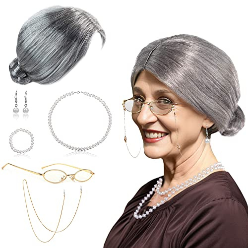BIQIQI Oma Perücke Damen Old Lady Kostüm Großmutter Cosplay Zubehör mit Oma Perücke, Perückenmütze, Madea Oma Brille, Brillenketten Kordelriemen, Perlenschmuck Oma Verkleidung für Fasching Karneva