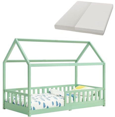 Juskys Kinderbett Marli 90 x 200 cm mit Matratze, Rausfallschutz, Lattenrost & Dach - Massivholz Hausbett für Kinder - Bett in Mint