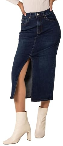 Nina Carter P215 Jupe en jean taille haute pour femme - Jupe longue extensible avec fente à l'avant - Look usé - Longueur mollet avec fermeture éclair, S