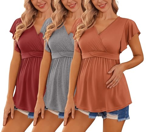 Ekouaer Maternity Shirts 3 Packs Flying Short Sleeve Nursing Tops Pregnancy Clothes Caramel+Grey+Wine red L