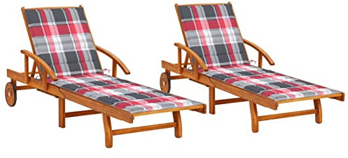 SECOLI 2X Sonnenliege klappbar Holz Sonnenliege Holz mit Rollen Gartenliege Holz mit Auflage Gartenliege klappbar Akazie Massivholz-Rotes Karomuster-2 Sonnenliegen