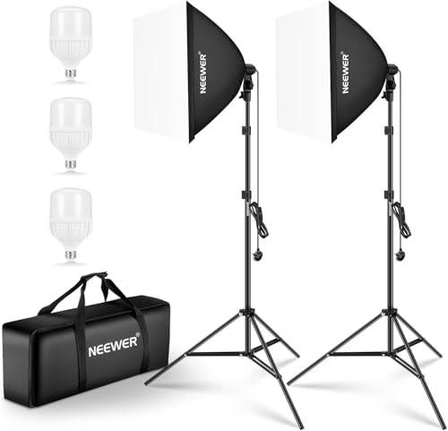 NEEWER 700W Equivalent Softbox Lighting Kit, 3Pack 5700K LED Lighting Bulbs, 24x24 inches Softboxes with E26 Socket, Photography Continuous Lighting Kit Photo Studio Equipment