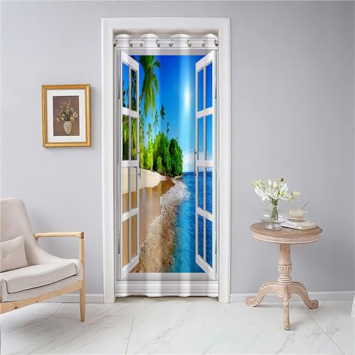 Odot Cortina Opaca de Playa 3D para Puerta 1 Pieza, Cortinas Ojales Termicas Aislantes, para Ventana, Cortinas de Privacidad Interior Modernas para Salón, Dormotorio, Armario (120x200cm,Balcón)