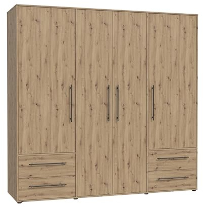 FORTE Jupiter Schrank 200 210, Kleiderschrank, Drehtürenschrank, 4-türig, mit 4 Schubladen und Einlegeböden, Holz Dekor: Artisan Eiche, 206 cm breit x 59 cm tief x 200 cm hoch