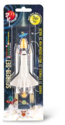TRENDHAUS 961815 - Space Adventure Schreibset 5-teilig, Schreibwaren Set mit Lineal, 2 Bleistiften, 4-Farb-Kugelschreiber und Radiergummi