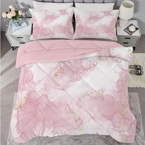 buyluhn Bettdecke 240x220 Ohne Bezug Nutzbar，4 Jahreszeiten Bettdecken Marmor GroßE Steppdecke Rosa Ganzjahresdecke，Waschbar Bettzeug mit 2 Kissenbezug für Sommer Winter Doppelbett