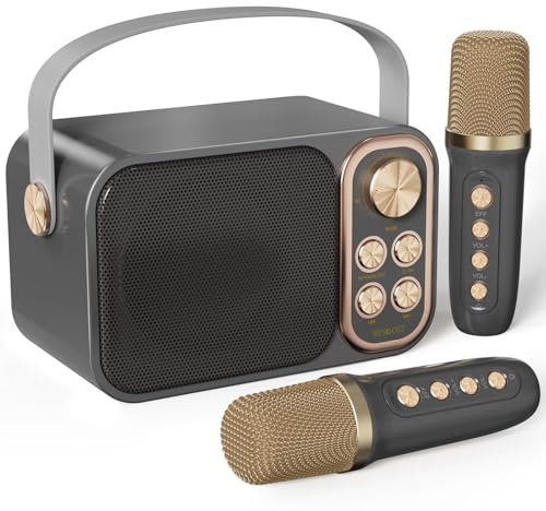 BESCOST Karaoke Profesional con 2 Micrófonos Inalámbricos, Bluetooth Altavoz Karaoke para Niños, Portátil Máquina de Karaoke Ideal para Boda, Fiesta, Cumpleaños（Gris Metálico）