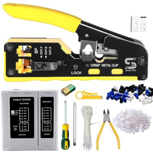Kit d'outils de sertissage RJ45 – Testeur de câble RJ12, pince à sertir Ethernet, pince coupante, pince, tournevis, outil de poinçonnage pour connecteurs réseau Cat5e, Cat6, Cat7, Cat8