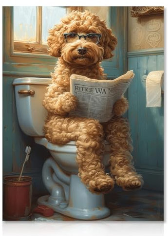 Lustige Tiere Badezimmer Wandbilder Hund Lesen der Zeitung auf Toilette Hund Leinwand Bilder für Toilette Badezimmer 30×40 cm Ungerahmt