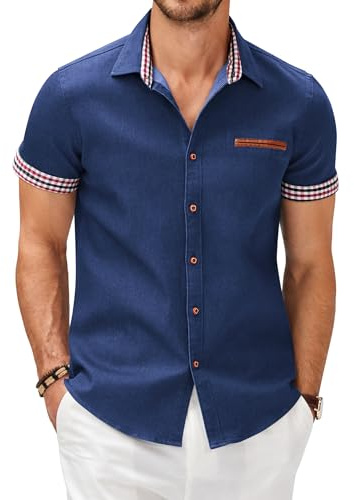 COOFANDY Herrskjortor kortärmad sommar vardaglig denim arbetsskjortor kontrast/rutig krage knapp ner klänning skjorta, BLÅ, M