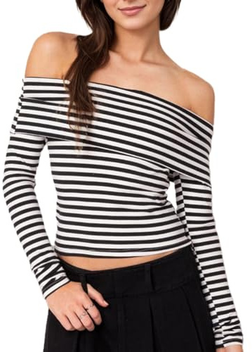 EMOTTOS Mujeres Slim Fit Crop Tops, Moda Señoras y2k Rayas Tops para Casual de un Hombro de Manga Larga Camiseta Básica Blusa tee Tops, 2 Estilo, Negro S-L