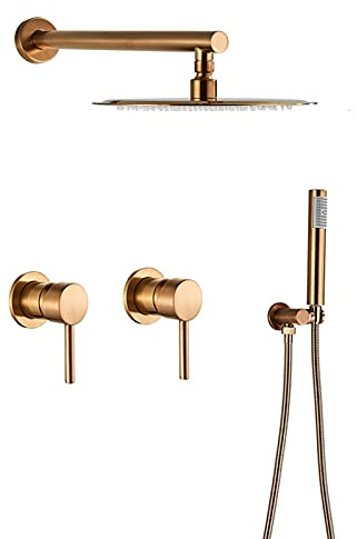 WYUYIW Duscharmatur-Set aus gebürstetem Roségold, 25,4 cm runder Regenduschkopf mit Handbrause, Wandbrause, Zweigriff-Badewannen-Duschmischer