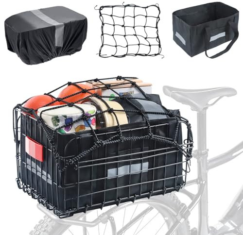 Wdmiya Cestino Posteriore per Bicicletta, Cestino Bici Posteriore Pieghevole con Rete per Bagagli, Fodera Portatile e Copertura Impermeabile per il Pendolarismo, lo Shopping o i Viaggi Brevi