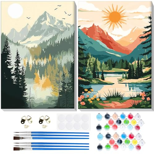 GHHKUD Malen Nach Zahlen Erwachsene, 2 Stück Berge Landschaft Malen Nach Zahlen Mit Rahmen, DIY Handgemalt Ölgemälde Kit für Anfänger Mit Holzstaffelei und Acrylfarbe Malen nach Zahlen-20X30cm
