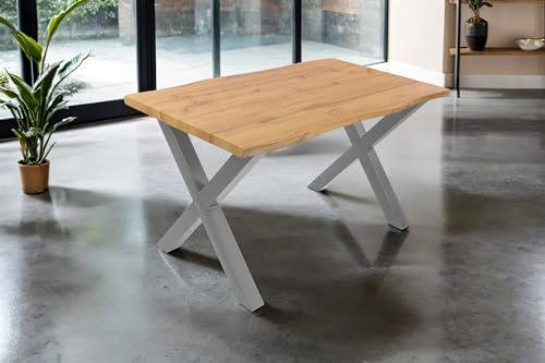 SAM Esstisch Josy 120x80 cm Holz Wildeiche-Optik X-Gestell Silber | 40 mm Tischplatte mit Baumkante, Metallgestell, Tisch für Esszimmer & Küche
