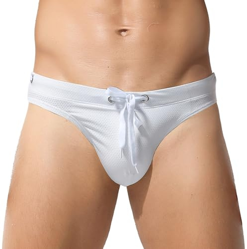 SEAUR Slip da bagno da uomo, sexy, a vita bassa, traspirante, ad asciugatura rapida, per sport acquatici, taglia S-XL, bianco, L