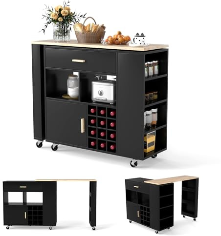 COSTWAY 2 in 1 Carrello da Cucina, Carrello di Servizio Reversibile con Piano in Legno di Gomma, Ripiano Regolabile Porta Calici per 12 Bottiglie, 120x40x100 cm (Nero)