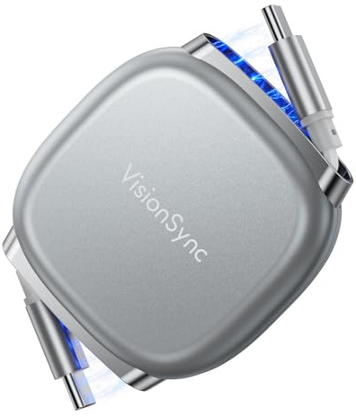 VisionSync 240W Einziehbares USB C Kabel für Smartphones,1m,Grau | PD3.1 praktisches USB C Schnellladekabel mit Magnetschlitz für unterwegs,4 stufig voreingestellte Längen