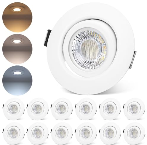 LED Einbaustrahler 230V Dimmbar Weiß Ultra Flach LED Spots 6W IP44 Bad Einbauleuchten Schwenkbar Deckenspots,Warmweiß Neutralweiß Kaltweiß für Badezimmer Küche Wohnzimmer,12er Set