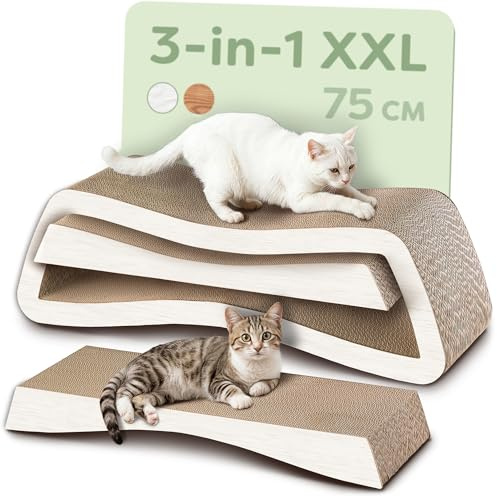 Knupis Klösmöbel Katt 3-Delar XXL 75 cm – Hållbar Kartong för Klovård – Upp till 2 Års Klösning – Platsbesparande – Skyddar Soffor och Möbler (Mountain- Vit)